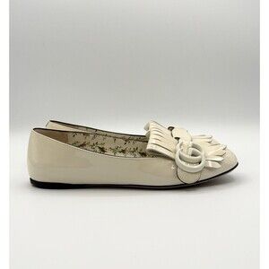 Gucci White Patent Leather Flats w/ Fringe GG Logo Marmont Sz EU 35